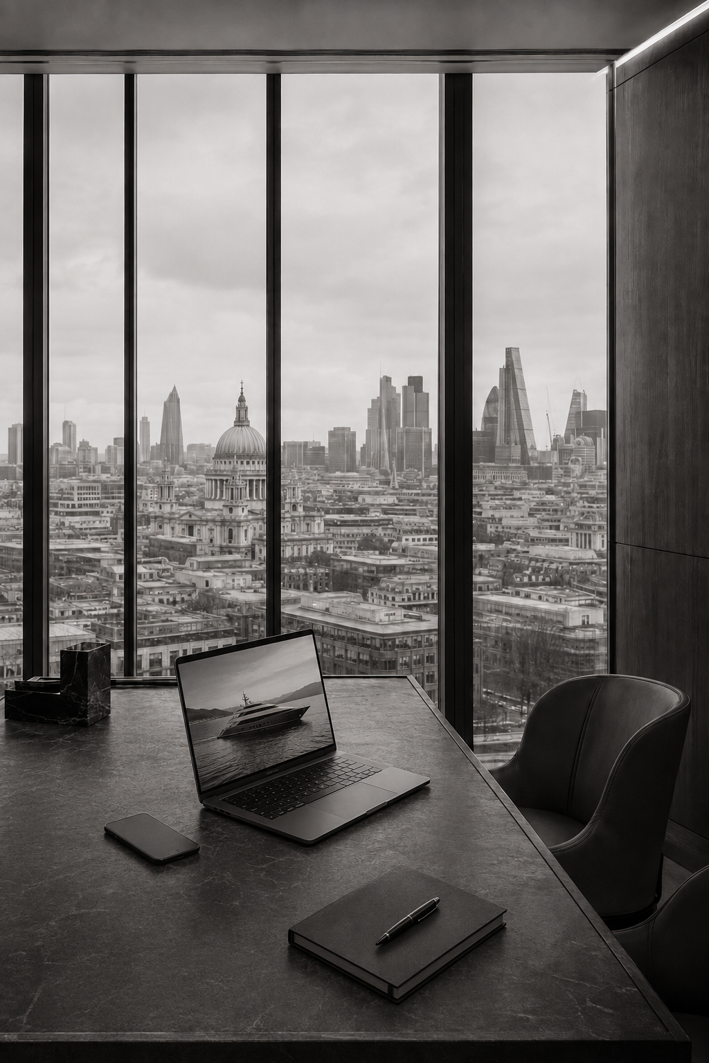 A discreet private advisory office with superyacht plans, technical drawings and a model yacht