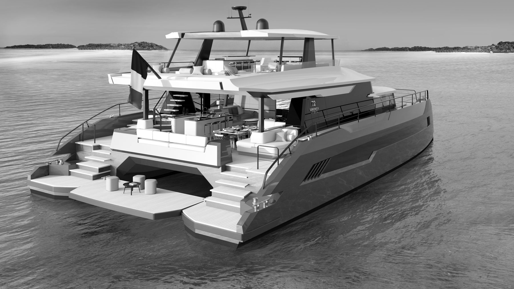 A power catamaran superyacht at anchor off a tropical shore