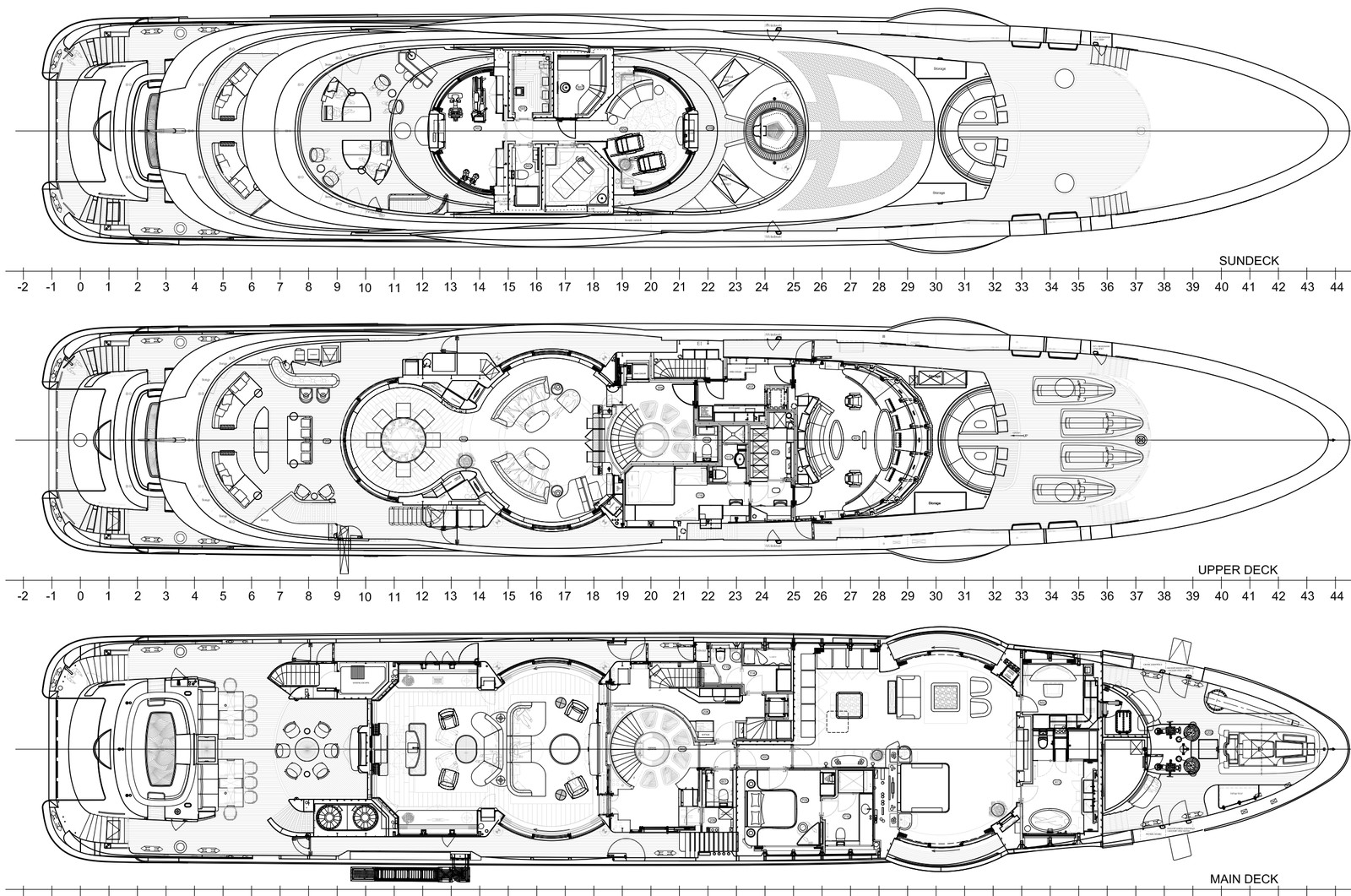 General arrangement deck plans — sundeck, upper and main decks — of a 55-metre motor yacht