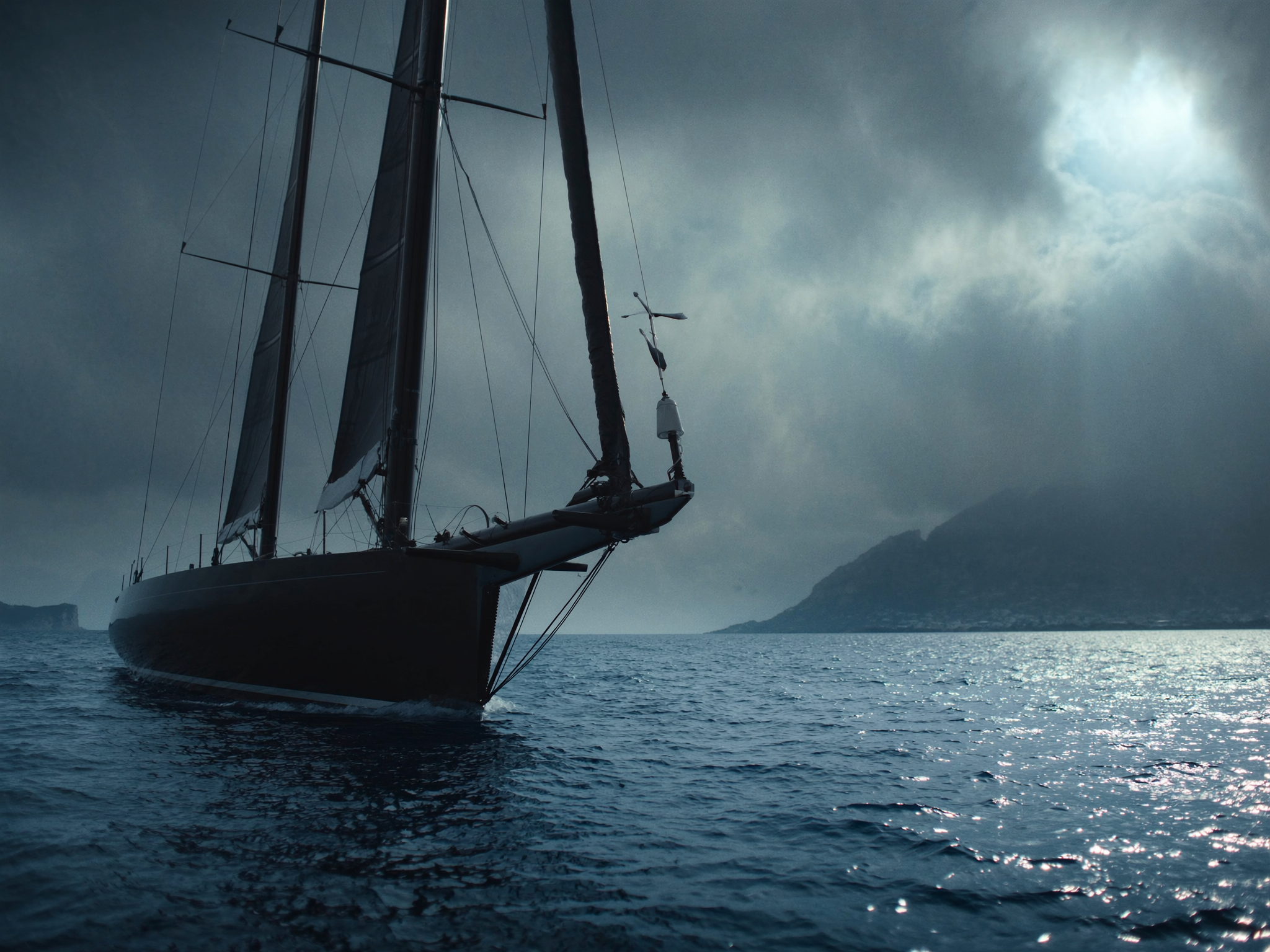 A large modern sailing superyacht under way in dramatic light
